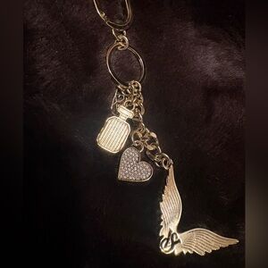 Gold Tone Angel Wing Charm Keychain with Heart & Perfume Bottle Charms